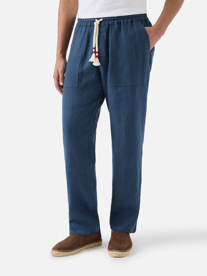 Navy blue linen pants Calais with drawstring