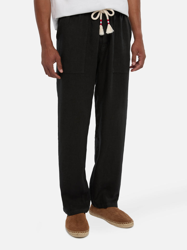 Man black linen Calais pants with drawstring
