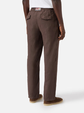 Dark brown Calais long pants in pure linen