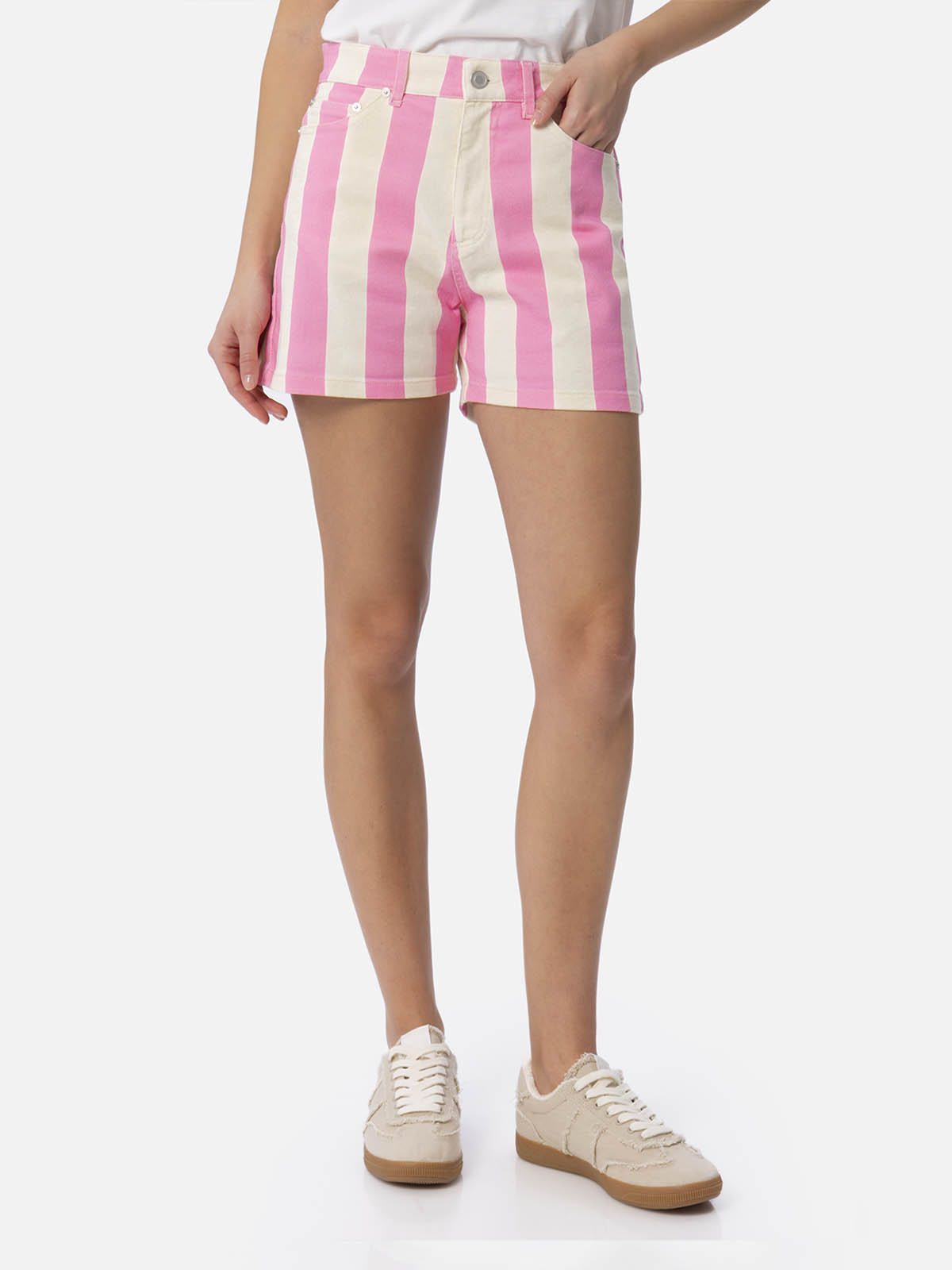 Woman pink striped print denim bermuda Cancun - MC2 Saint Barth