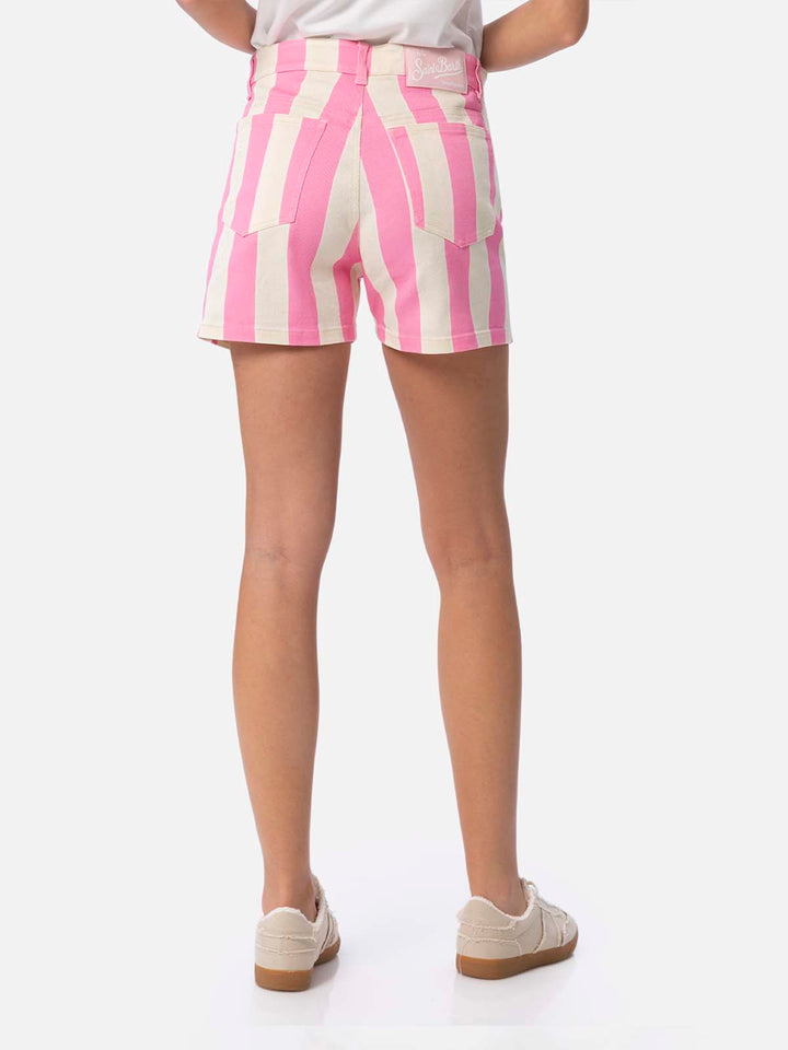 Woman pink striped print denim bermuda Cancun - MC2 Saint Barth