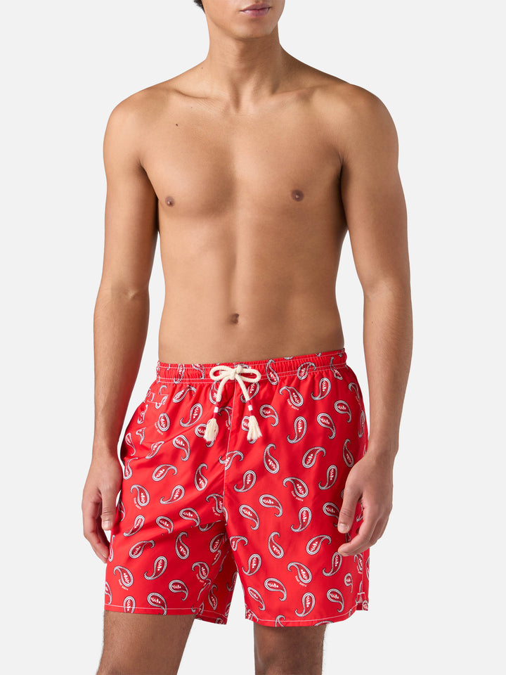 Mid-length swim-shorts Caprese with red paisley print