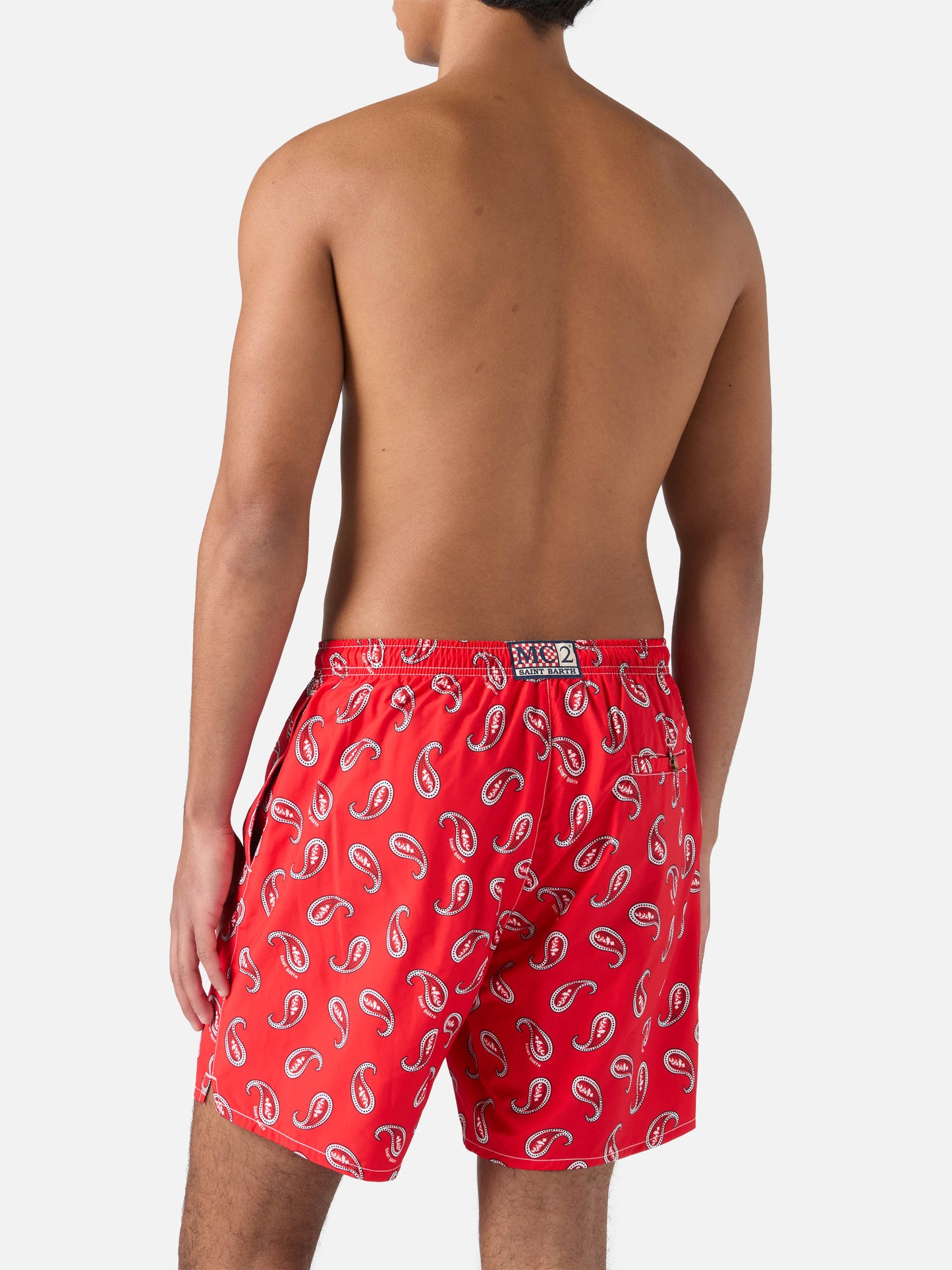 Mid-length swim-shorts Caprese with red paisley print