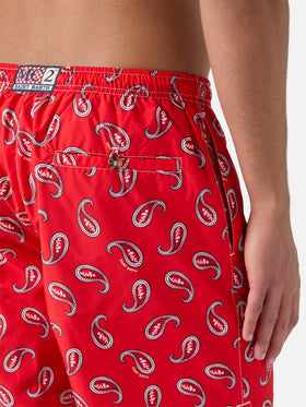 Mid-length swim-shorts Caprese with red paisley print