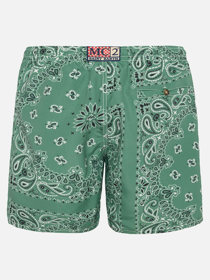 Mid-length swim-shorts Caprese with military green bandanna print