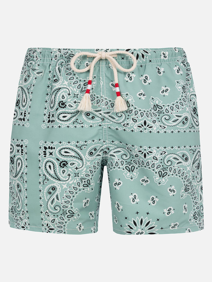 Mid-length swim-shorts Caprese with sage green bandanna print