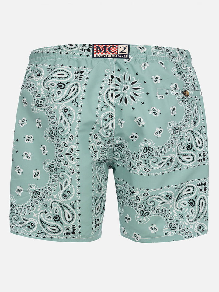 Mid-length swim-shorts Caprese with sage green bandanna print