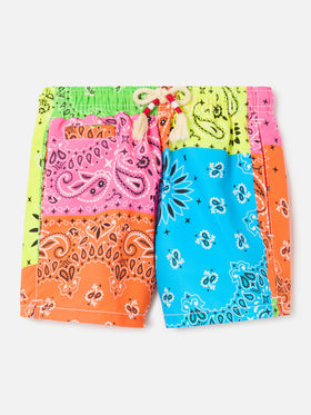 Caprese Jr Swim shorts with multicolor fluo bandana print