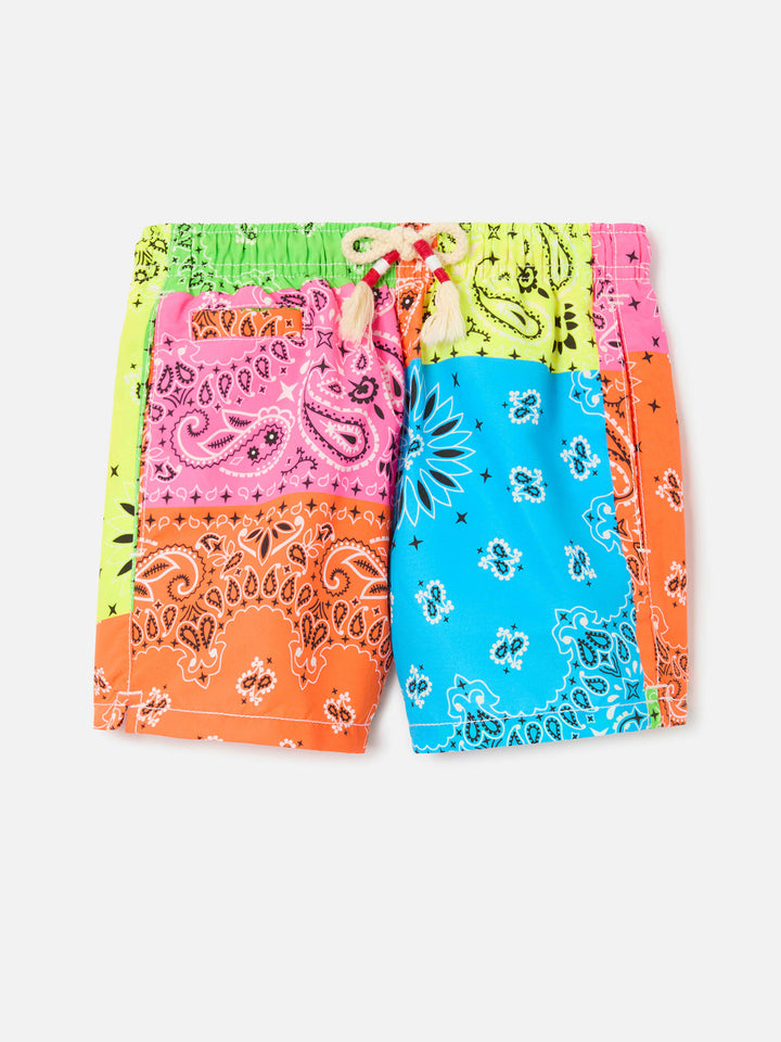 Badeshorts für Jungen mit mehrfarbigem Fluo-Bandana-Print
