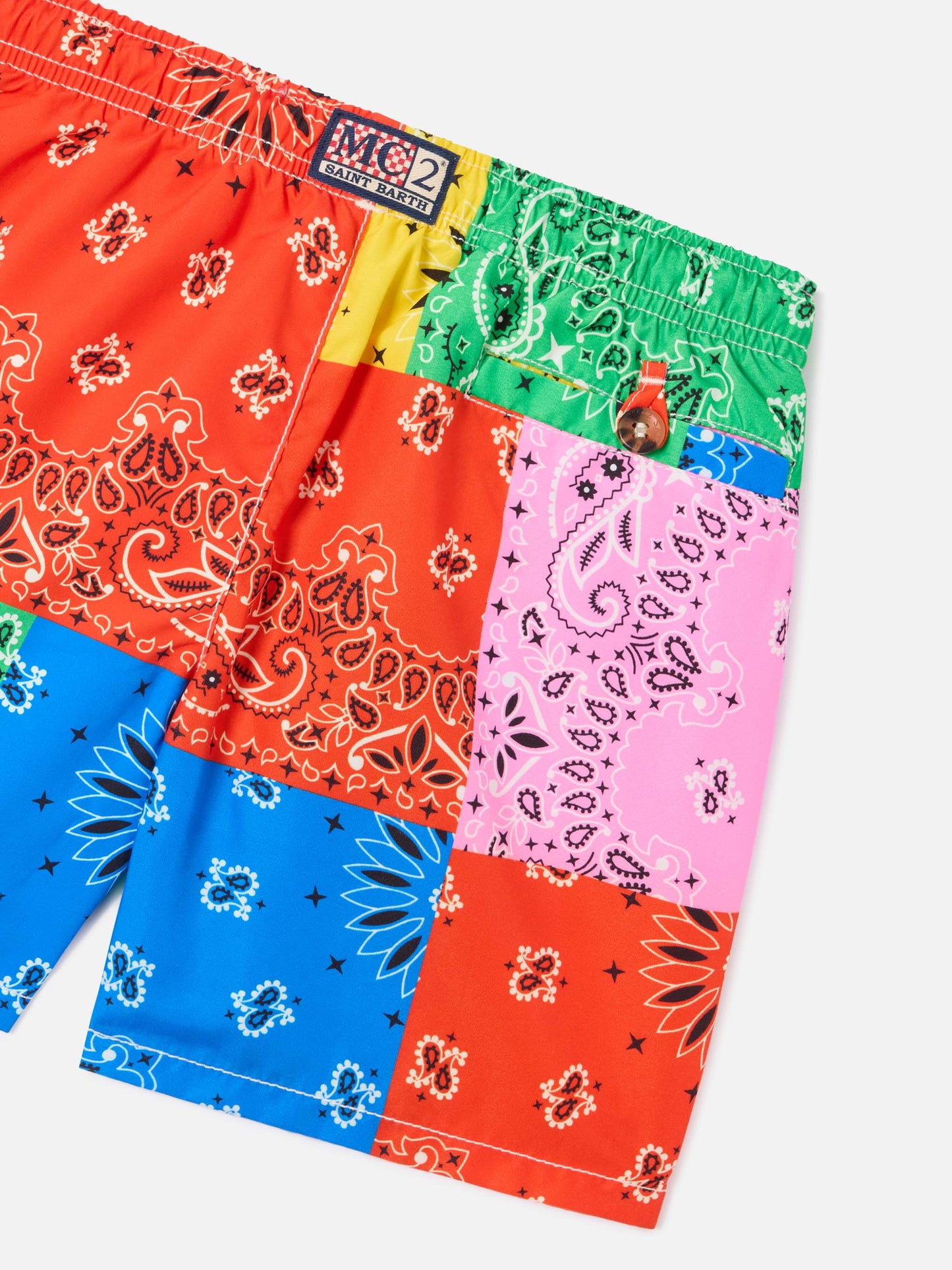 Boy swim shorts with multicolor bandanna print