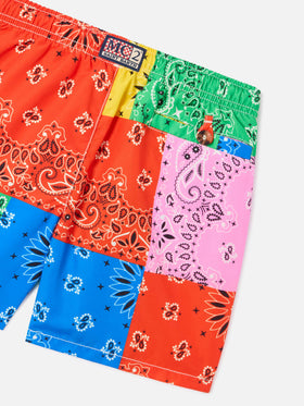 Boy swim shorts with multicolor bandanna print