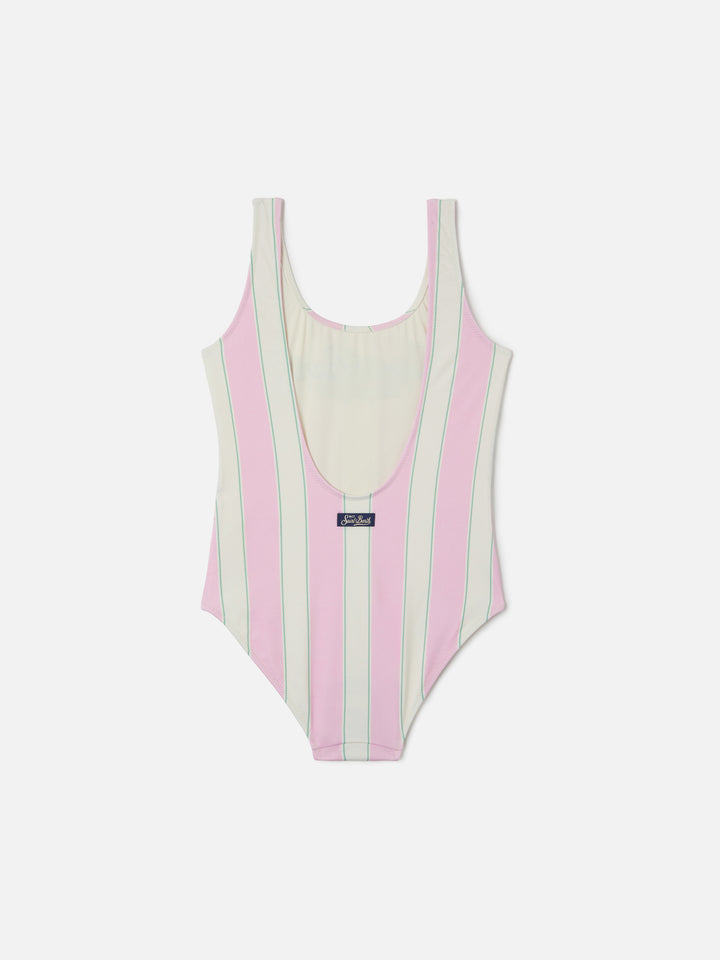 Cara pink and white striped one-piece swimsuit with Beach Club print