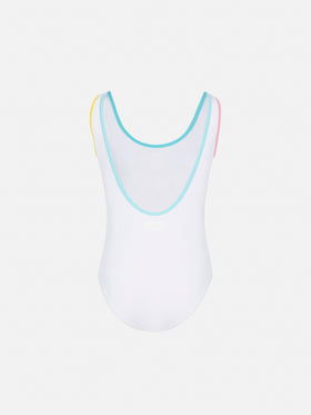 Cara white ribbed one-piece swimsuit with multicolor logo patch - MC2 Saint Barth