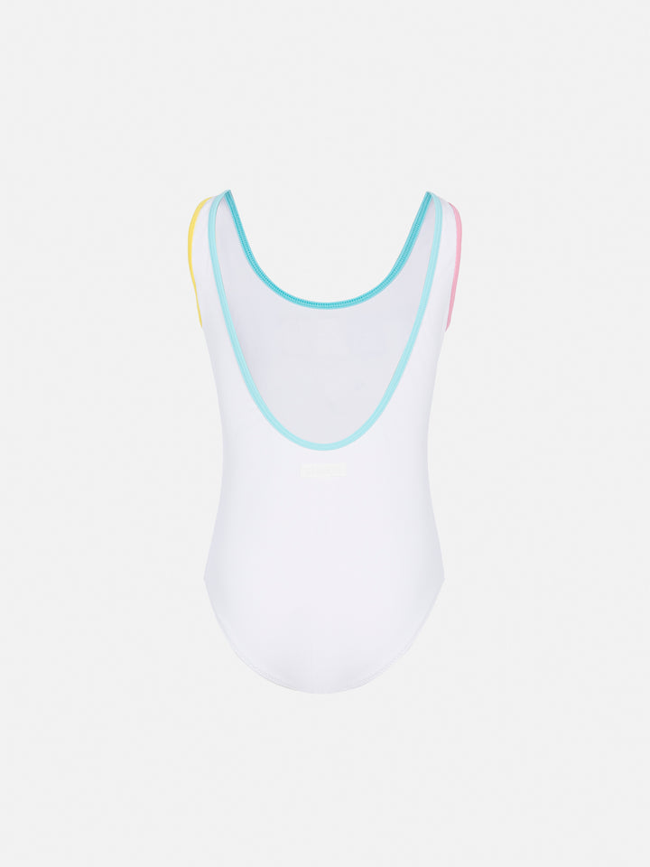 Cara white ribbed one-piece swimsuit with multicolor logo patch - MC2 Saint Barth