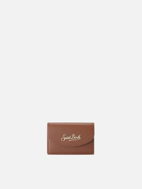 Tarjetero de piel marrón con estampado del logo 