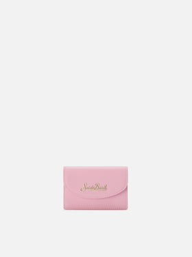 Light pink smooth leather card holder with metal logo