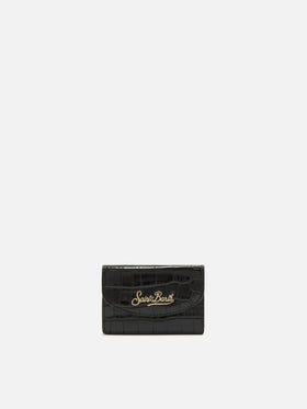 Black leather card holder with croco print