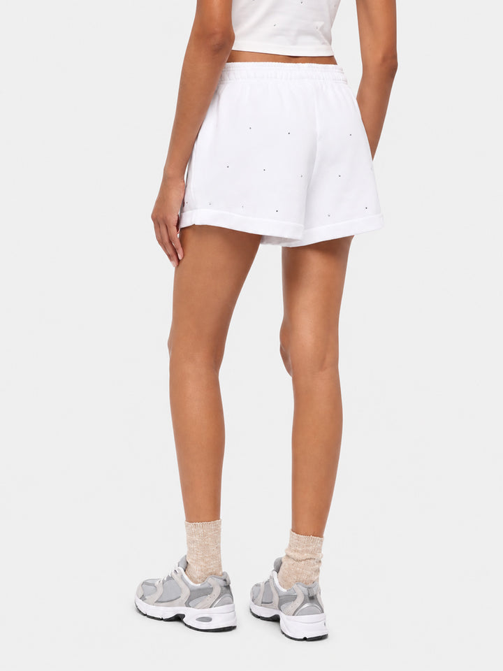 Weiße Baumwoll-Pull-up-Shorts Cate mit gestreifter Strassverzierung 