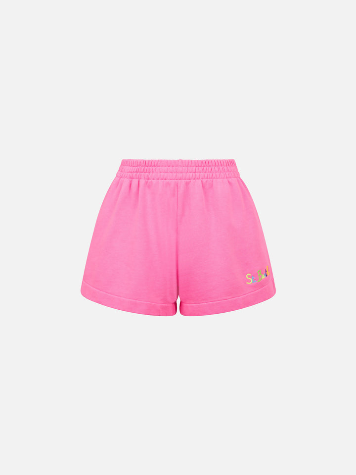 Short Cate in cotone fucsia fluo con ricamo St. Barth