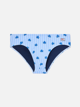 Cayo light blue striped swim briefs with octopus print