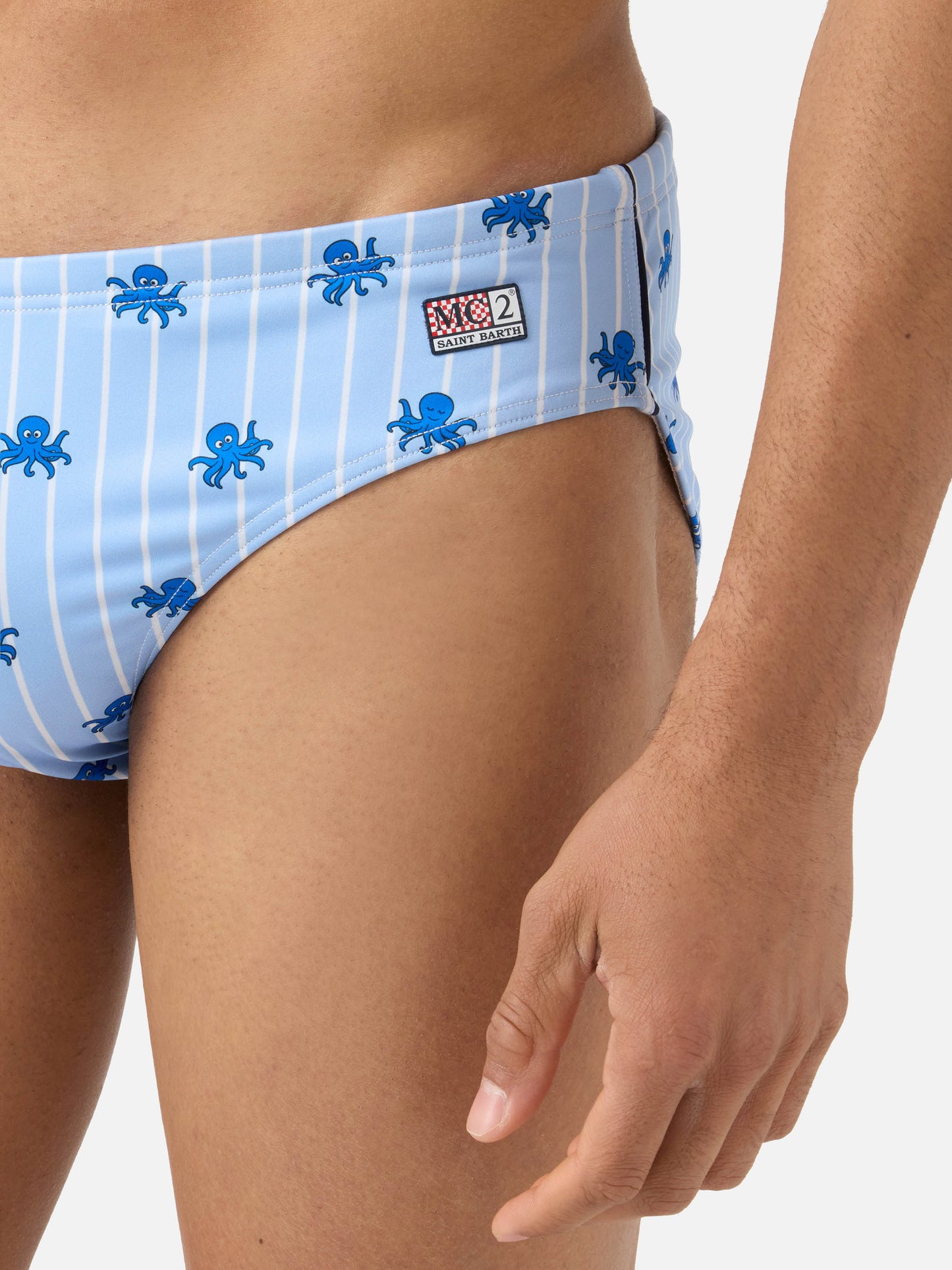 Cayo light blue striped swim briefs with octopus print