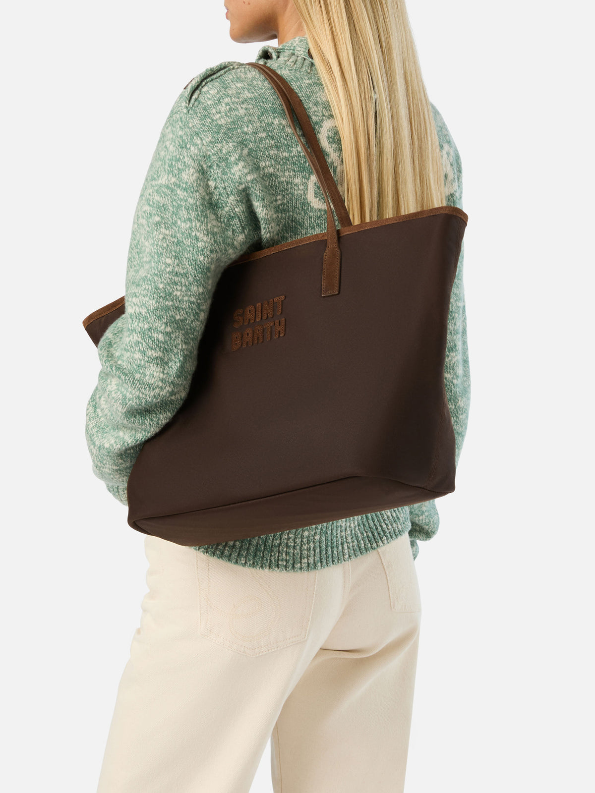 Braune gewachste Large City Bag mit Logo-Stickerei 