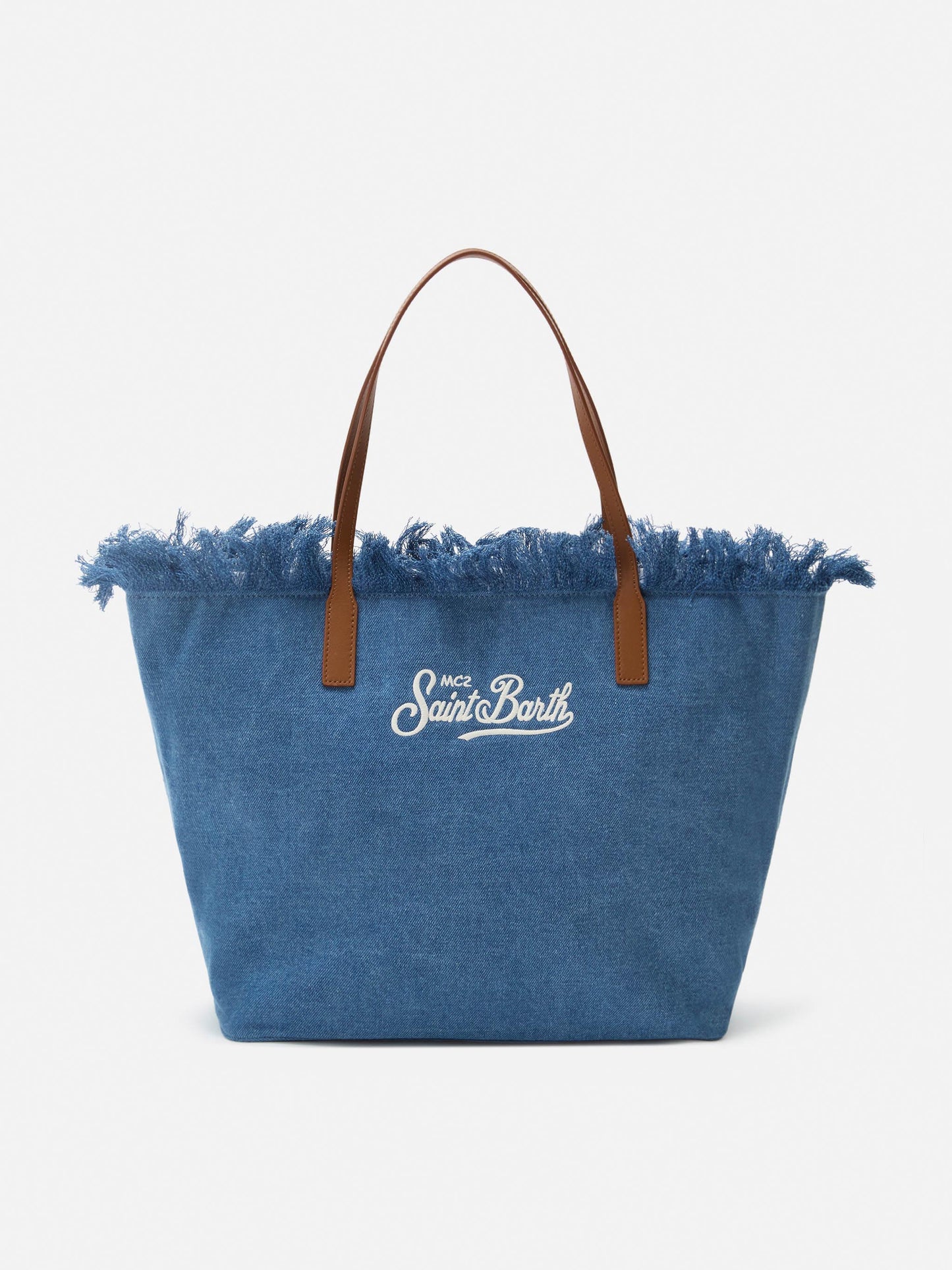 Borsa City regular in tessuto denim con frange
