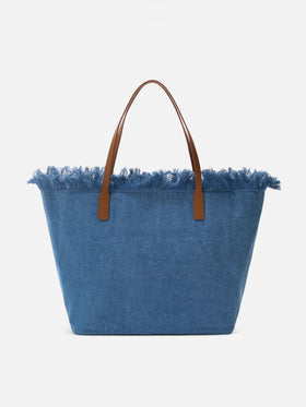 Borsa City regular in tessuto denim con frange