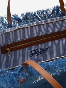 Borsa City regular in tessuto denim con frange