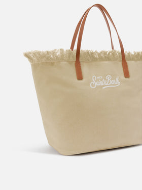 Borsa City regular in canvas beige con frange