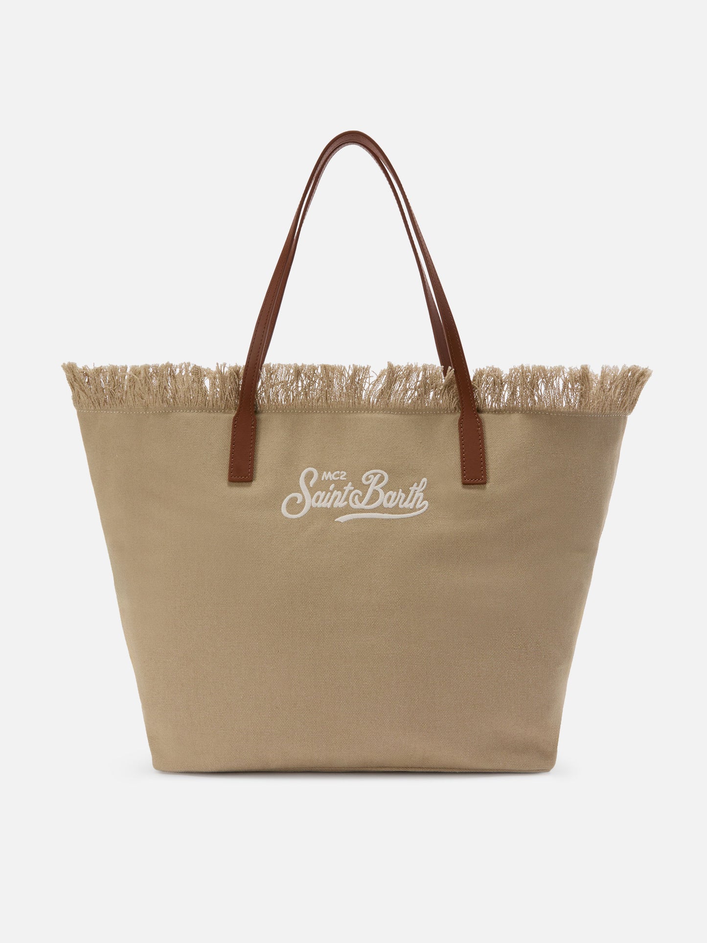 Borsa City regular in canvas beige con frange