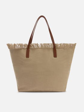 Borsa City regular in canvas beige con frange