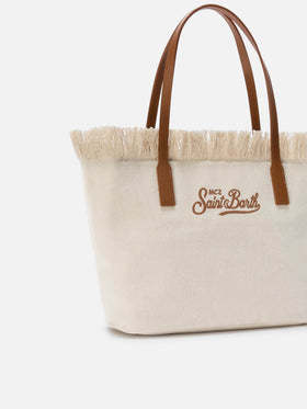 White medium City canvas shopper bag with fringes