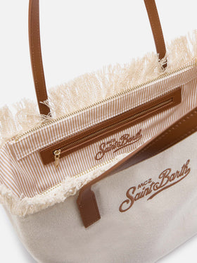 White medium City canvas shopper bag with fringes