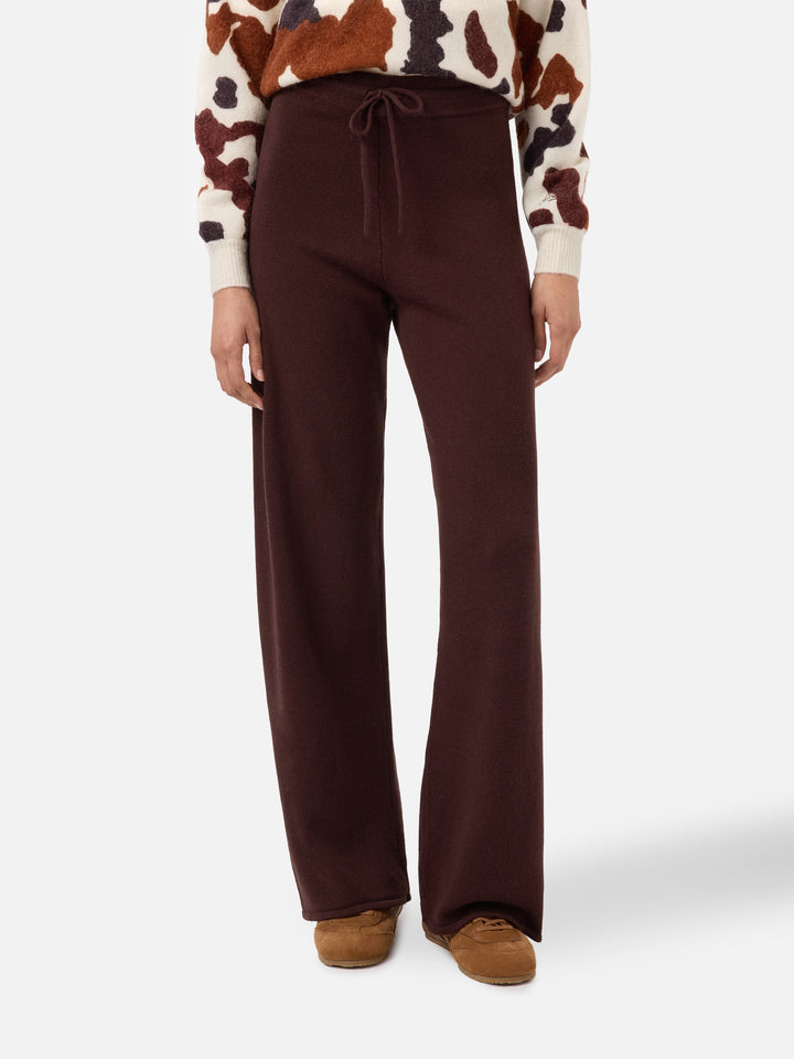 Cambon palazzo trousers in pure wool brown high waist with drawstring