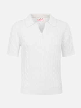 Woman off-white cable knit-polo shirt Caddy - MC2 Saint Barth