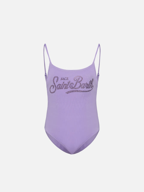 Cecille Jr one-piece shiny swimsuit with rhinestone logo - MC2 Saint Barth