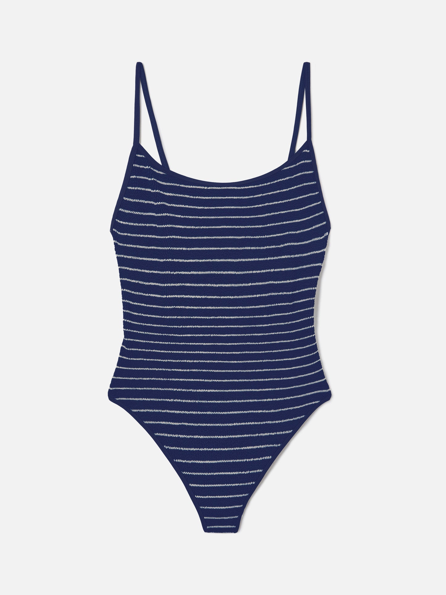 Maillot de bain une-pièce à lacets Cecille en tissu crinkle rayé bleu et blanc 