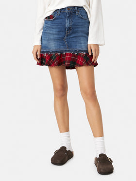 Chelsy denim skirt with tartan details
