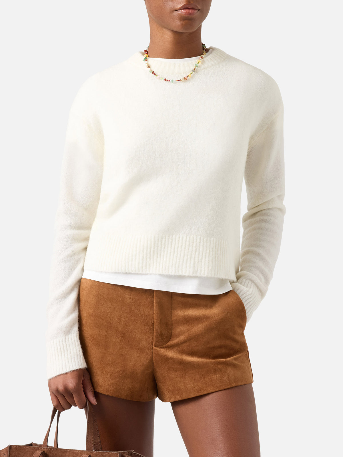 Maglia girocollo Lucille off white in morbido misto lana e alpaca con ricamo logo