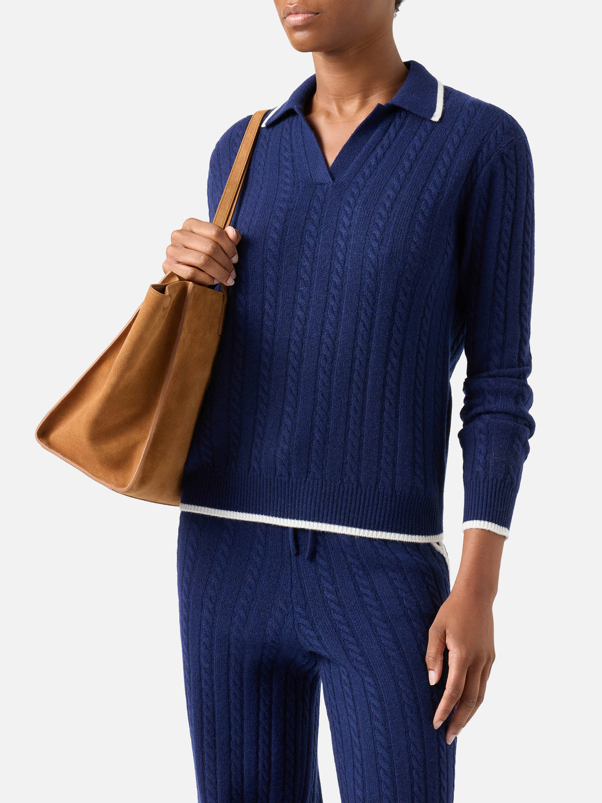 Night blue Clichy wool polo collar knit with pointelle stitch