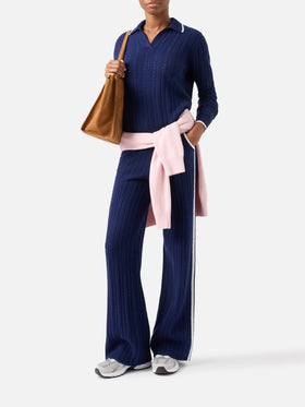 Night blue Clichy wool polo collar knit with pointelle stitch