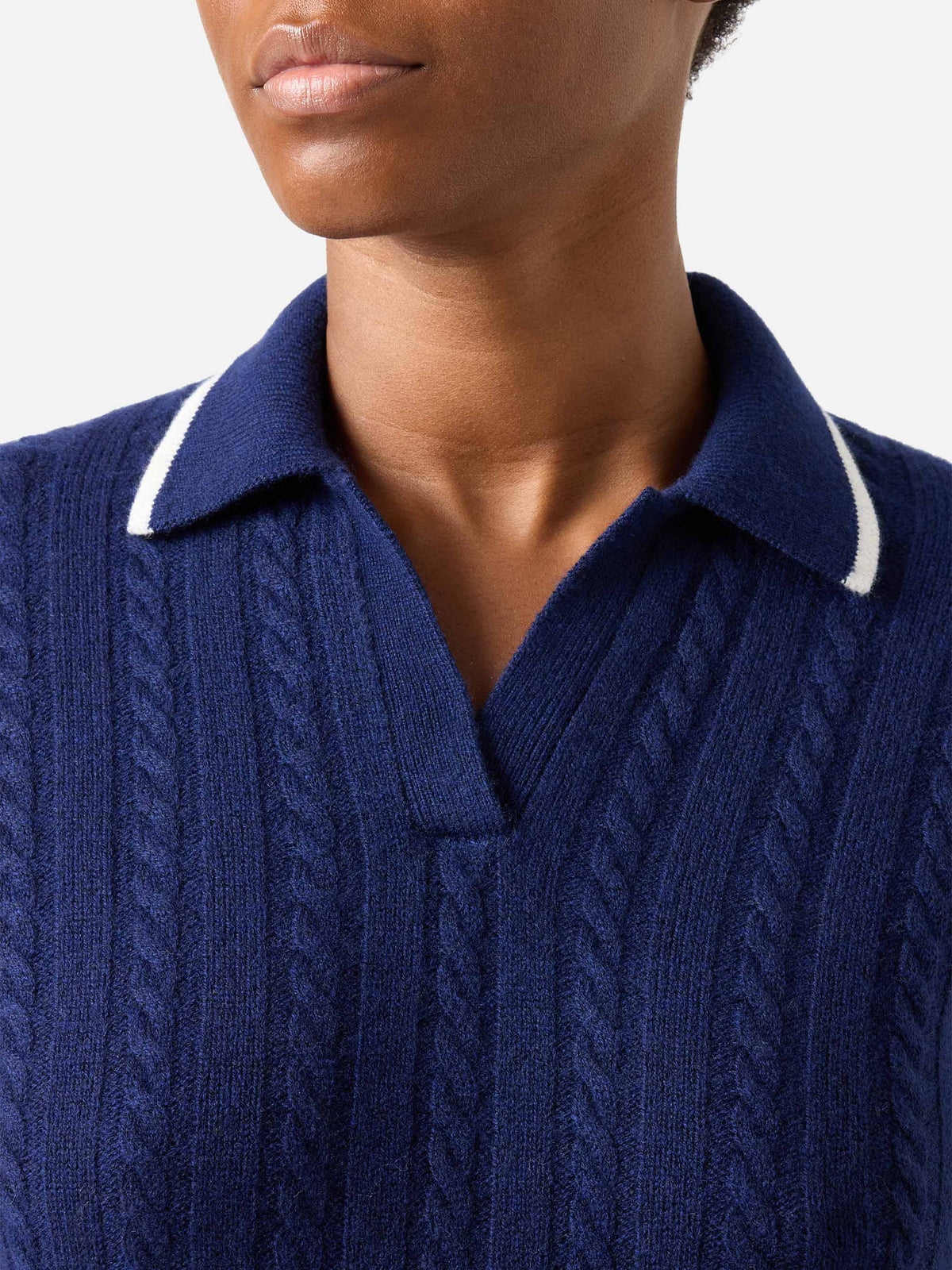 Night blue Clichy wool polo collar knit with pointelle stitch
