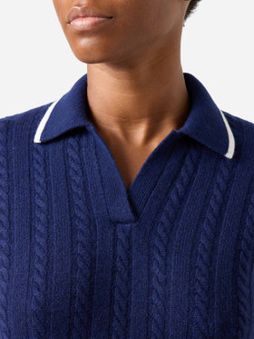 Night blue Clichy wool polo collar knit with pointelle stitch
