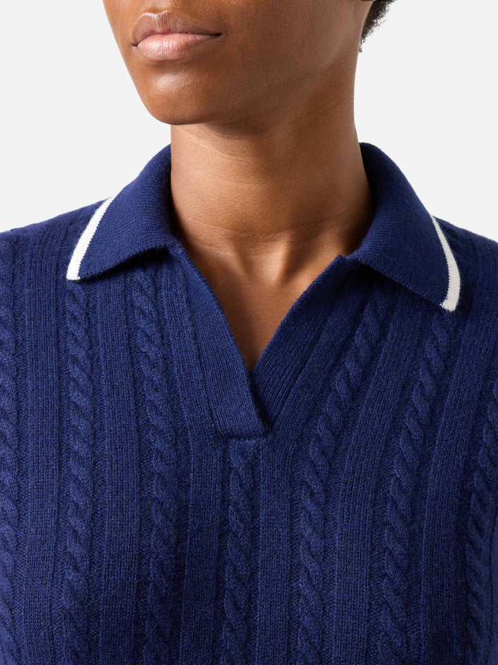Maglia Clichy blu notte in lana con collo polo e punto pointelle