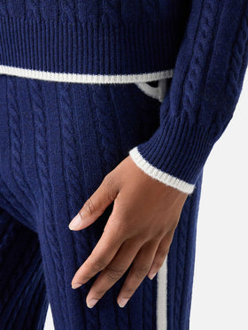 Night blue Clichy wool polo collar knit with pointelle stitch