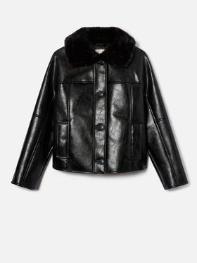 Black Clisia faux leather jacket with faux fur collar