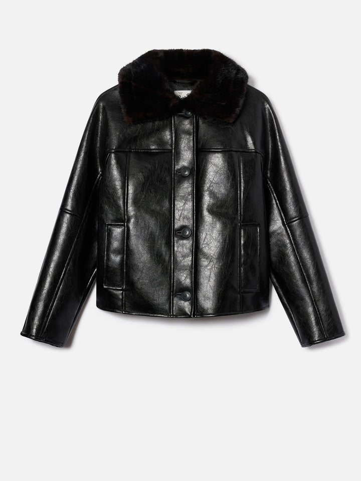 Chaqueta Black Clisia de piel sintética con cuello de pelo sintético 