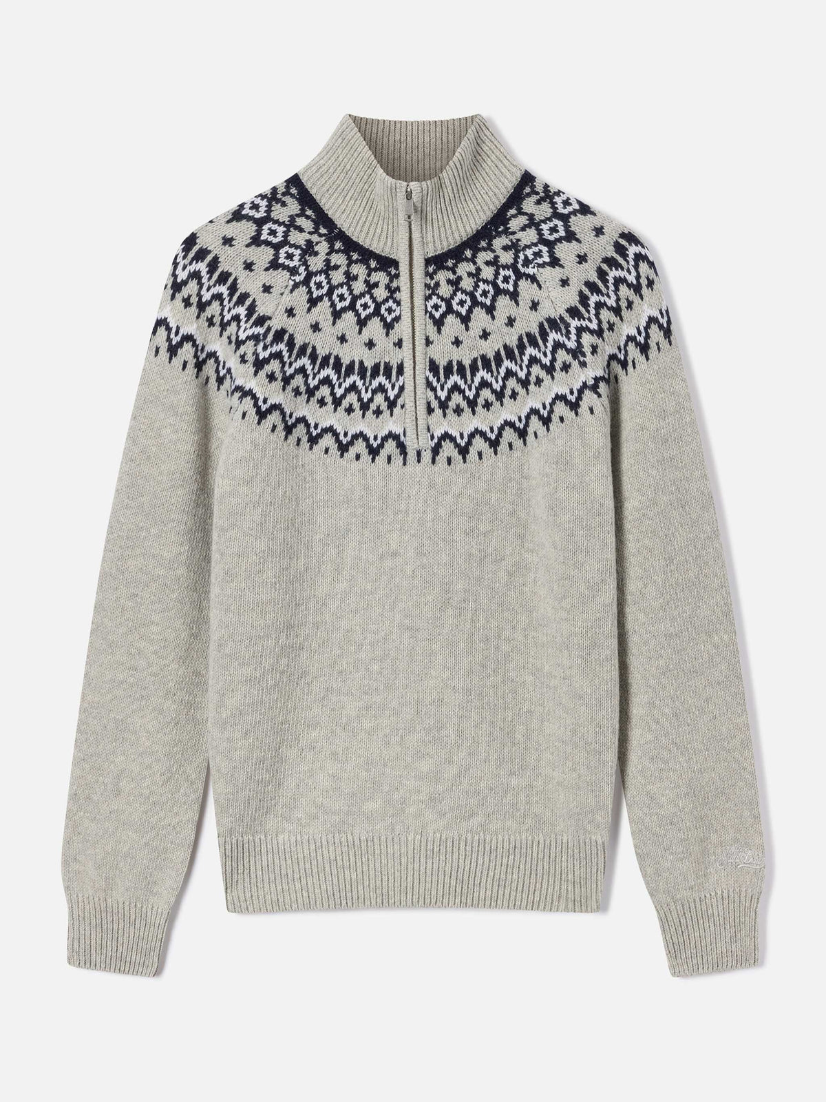 Maglia Clyde grigia in misto lana con mezza zip e motivo nordico
