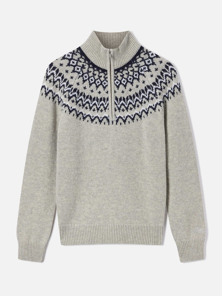 Grey Clyde wool blend half-zip knit with nordic pattern
